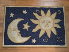 Vtg Hand Woven Celestial Rug Navy Blue Gold Sun Moon Stars Wool Area Carpet 2x3 picture