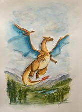Original 1 Of 1 Pokemon Charizard Fan Art Watercolor 15 X 11 Art Paper No Frame picture