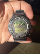 Casio World Time AW-21U Module 387 World Map Ana-Digi Vintage Resin Quartz Watch picture