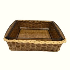 Vintage Pyrex Fireside Amber Glass Square Baker w/ Wicker Basket Carrier picnic picture