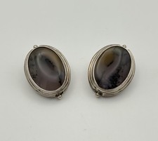 SARDA Vintage Sterling Silver 925 Dendritic Multicolor Agate Clip On Earrings 1” picture