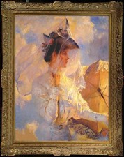 Hand Painted Classical Oil Painting Lady With Sun Parasol Art Vintage Style picture