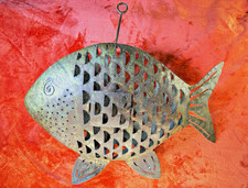Vintage Handcrafted Indonesian Metal Fish Hanging Candle Lanterns Pair Large 24