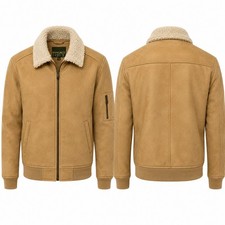 Men’s Large Sherpa Collar Faux Suede Bomber Jacket Full Zip Casual Western Coat picture