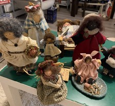 Vintage Lizzie High Folk Art Wooden Dolls Family Lot 8 Mother Daughter Set Bed picture