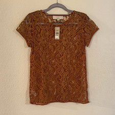 LOFT Brown Floral Lace Sheer Overlay Top Round Neck Short Sleeve Women's S picture