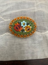 VINTAGE SILVER MICRO MOSAIC GLASS FLOWER PORTRAIT STUDY ARTISAN BROOCH PIN picture
