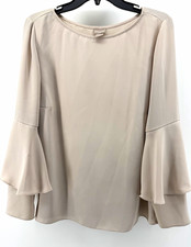 Chico's Women's Solid Beige Blouse Size 2 Round Neck Woven Pullover Ruffle picture