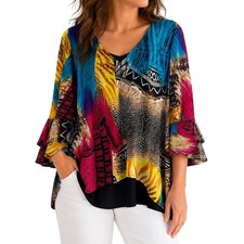 Calessa Plus Size 3X Wearable Art Blue Yellow Unique Artsy Blouse Shirt Top picture