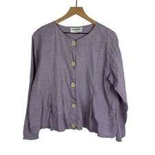 ALY WEAR Womens Linen Blouse Top Purple M Button Up Embroidered Detail Lagen picture