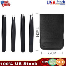 US Tweezers Set 4PCS Professional Black Plucker Stainless Steel With Case picture