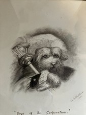 Wonderful dressed dog pencil drawing. Signed 1908 antique framed picture