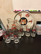 Vintage 1960s Esso Put a Tiger in Your Tank Glass Pitcher Glasses &Tray Set picture