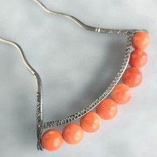 Vintage Japanese TAMA-KANZASHI Coral W6.3×L11.2cm Hairpin Kimono Accessories picture