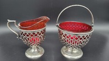 Antique R. Wallace & Sons Sterling Silver Ruby Color Glass Creamer and Sugar picture