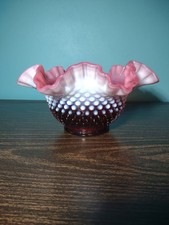 Vintage Fenton Cranberry Hobnail Vase Bowl Shape 9