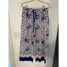 Joie Blue White Palm Tree Print Wide Leg Cropped Pants Size M Beaded Tassels picture