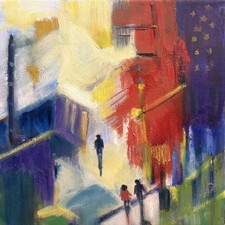 Original Colourful  Abstract Cityscape Painting Impasto 10x10 in Unframed picture