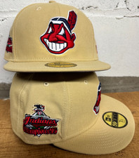 Cleveland Indians Wahoo Tan New Era Fitted Club 59Fifty Hat Custom Beige NEW picture