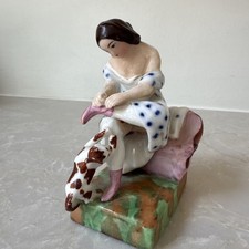 Antique Staffordshire Spill Vase Porcelain Woman Putting On Shoe Cat AS IS CRACK picture