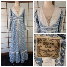 Vtg 70s Original Gunne Sax Prairie Maxi Dress Lace Inserts Corset Style Bodice picture