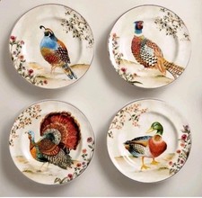 S/4 POTTERY BARN BOTANICAL HARVEST THANKSGIVING BIRD SALAD PLATES NEW picture