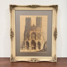 Vintage Antique Rheims Cathedral Etching Print Framed French Gothic Architecture picture