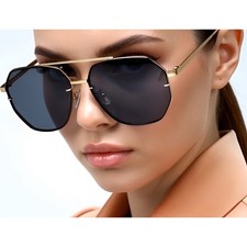 Sunglasses Flat Top Fashion Forward Gold UV400 Protection Dark Black Lens Women picture