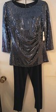 Jessica Howard $150 Tag Womens Pant Suit Fancy Size 6P Small Navy Blue Silver  picture