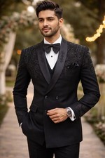 Black Embroidered Tuxedo Suit – 3 Piece Men's Wedding Attire with Beaded Blazer picture