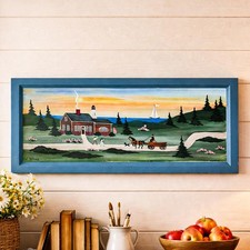 Charming Vintage Folk Art Oil Painting Wood Board New England Coast Scene picture
