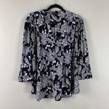 Cocomo Popover Blouse Size XL Navy White Floral Paisley Stretch 3/4 Sleeves picture