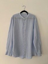 Tasso Elba Men's 100% Linen Band Collar Long Sleeve Shirt Light Blue XL picture
