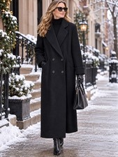 Donnybrook Vintage 90s Black Wool Blend Long Coat Women Size 16 Double Breast picture
