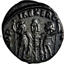 Constans, as Caesar, BI Nummus. Siscia, AD 335-336. Gloria Soldiers Banners Coin picture