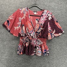 Venus Y2K Top Womens M Red Paisley V-Neck Peplum Ruffle Flare Sleeve 90s Casual picture
