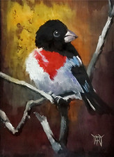 YARY DLUHOS Grosbeak Rose Breasted Bird Nature Animal Original Art Oil Painting picture