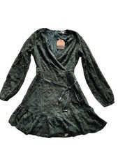 Main Strip Green Floral Lace Wrap Mini Dress Womens S Long Sleeve Ruffle NWT picture