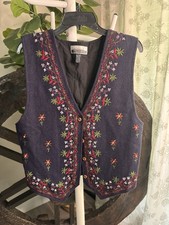 VTG 90s Body Expressions Embroidered Wool Vest Blue Cottagecore Floral Folk Boho picture