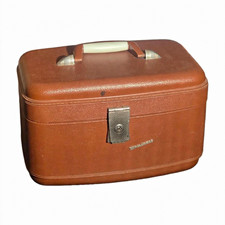 True Vintage 1960s Brown Faux Leather Hard Vanity Case w/ Mirror Locking picture