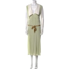 Miu Miu 2024 Silk Crepe Pleated Midi Dress Sage Green Cream Collar US 4 IT 40 picture