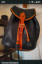 Dooney & Bourke Black/Brown Medium Backpack Drawstring Buckle Tassel Gold picture