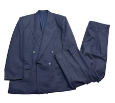 vtg 80s Bespoke 44S 38x29 Navy Blue Double Breasted 2pc Pant Suit Wool Pleated picture