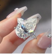 Huge 18ct Pear Cut Moissanite Solitaire Ring 3-Stone Promise Anniversary sz 5-9 picture