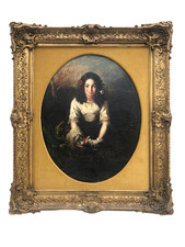 Antique 19th C. Oil Painting Girl Holding Cat Kitten Folk Portrait Ornate Frame picture