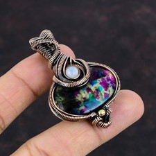 Multi Fire Labradorite Gemstone Rainbow Moonstone Wire Wrapped Pendant Copper picture