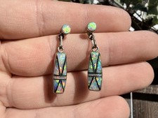 Sterling Silver Signed Luci Zuni Opal Inlay Earrings Native American picture
