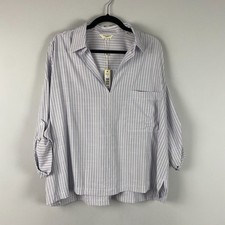 Max Studio Popover Blouse Size 1X Roll Tab Sleeves Multicolor Stripe Collared picture
