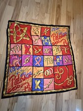 Vintage Paloma Picasso Parfums Silk Scarf Graphic Block Red Gold Signature Sign picture