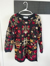 Vintage Hand-Knit Floral Sweater Northern Isles Black Red Cream Fits M/L picture